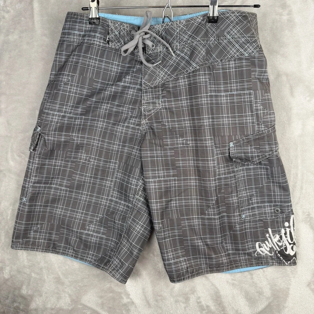 vintage y2k Quiksilver Mens Plaid Board Shorts Grey Blue Cargo‎ Pocket Size 34
